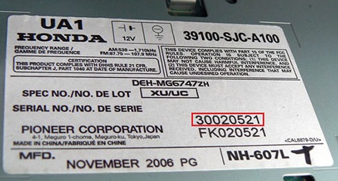 Honda Radio Serial Number